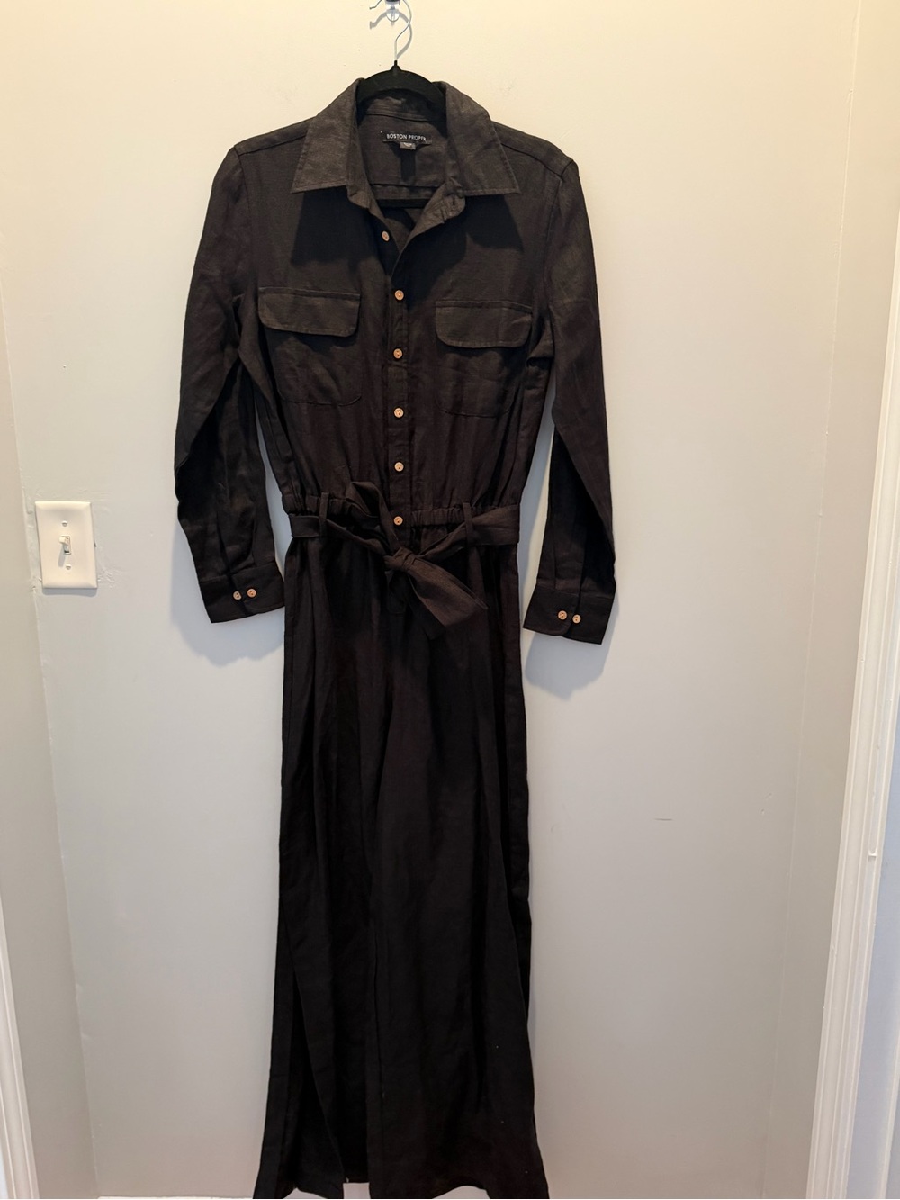 Boston Proper Black Wide-Leg Utility Linen Jumpsuit with Self-Tie Belt - Picture 3 of 8
